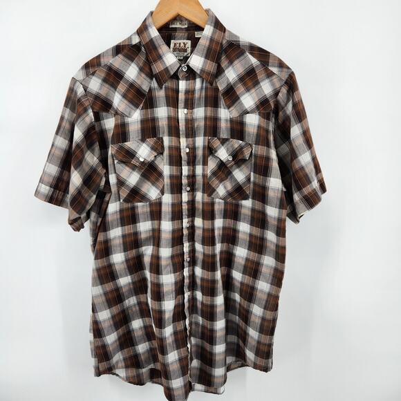 Ely Cattleman Tall Man Large Tall Pearl Snap Brown Plaid Short Sleeve - Picture 1 of 5